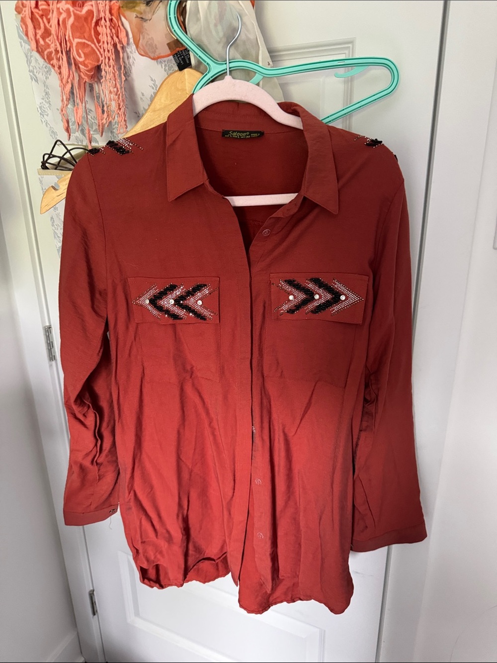 Saloon Rust Red Button-Up Shirt with Beaded Chevron Pockets